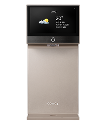 Coway Icon Pro — gold champagne purifier with large weather LCD screen